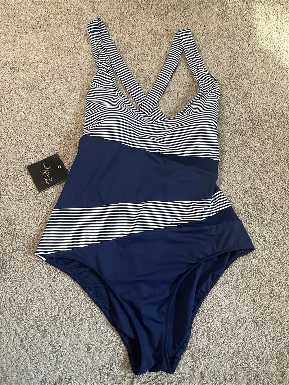 Nip Tuck Nautical Striped Navy Cross Back One-Piece Swimsuit Bathing Suit 12 NWT